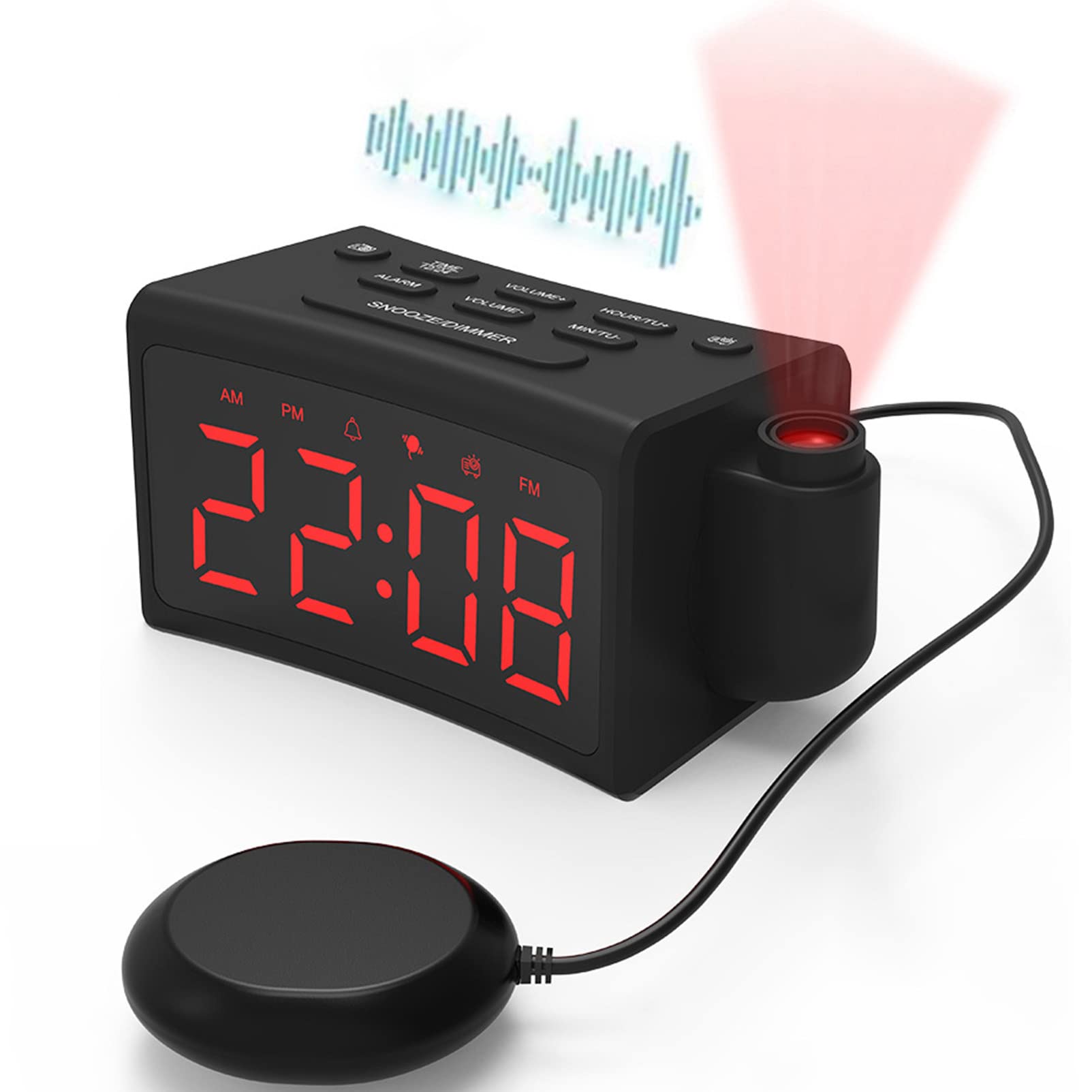 Radio-réveil à Projection FM avec Vibreur Réveil à Vibration, Réveil Projecteur Plafond Chargement USB, Horloge LED, pour Chambre,Bureau
