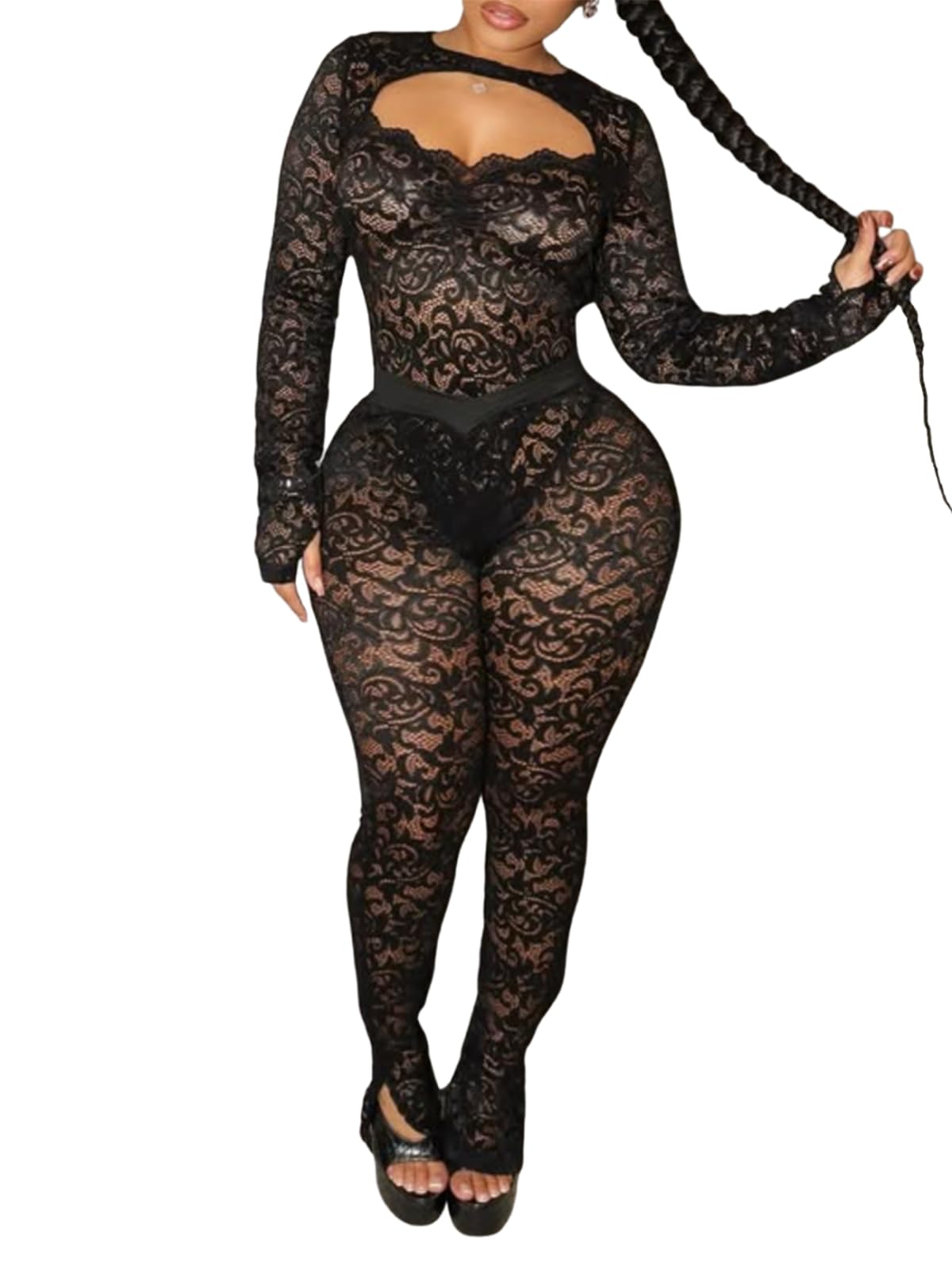 Women Sexy Lace Jumpsuit Halter Backless Sheer Bodysuit Top Flared Pants Set 2 Piece Set Club Outfits-image-22