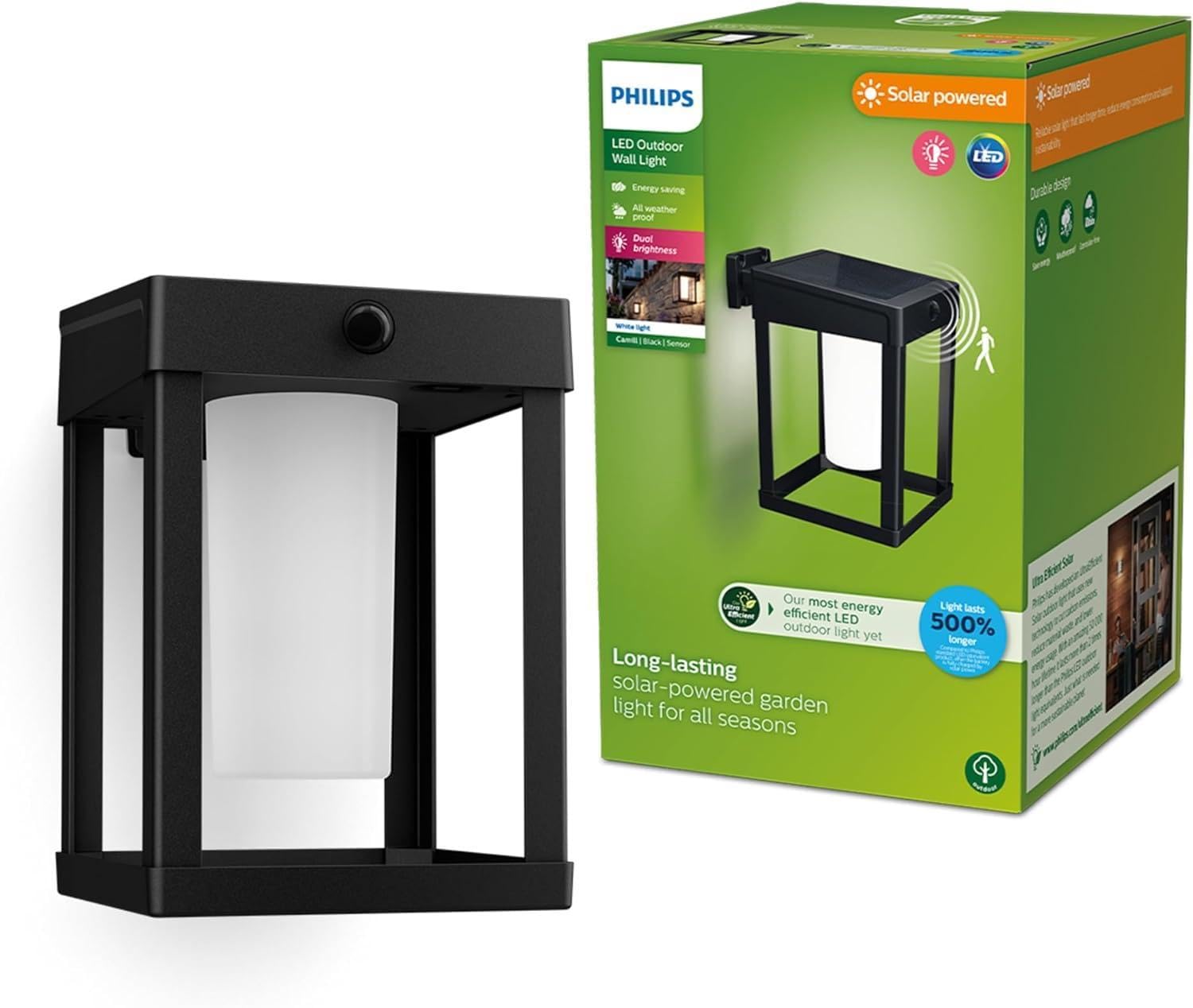 Philips Philips Lighting Camill UltraEfficient Outdoor Solar wall Light, Square, 1.4W, 3000K, Black, Clear, Motion Sensor, IP44 Weatherp