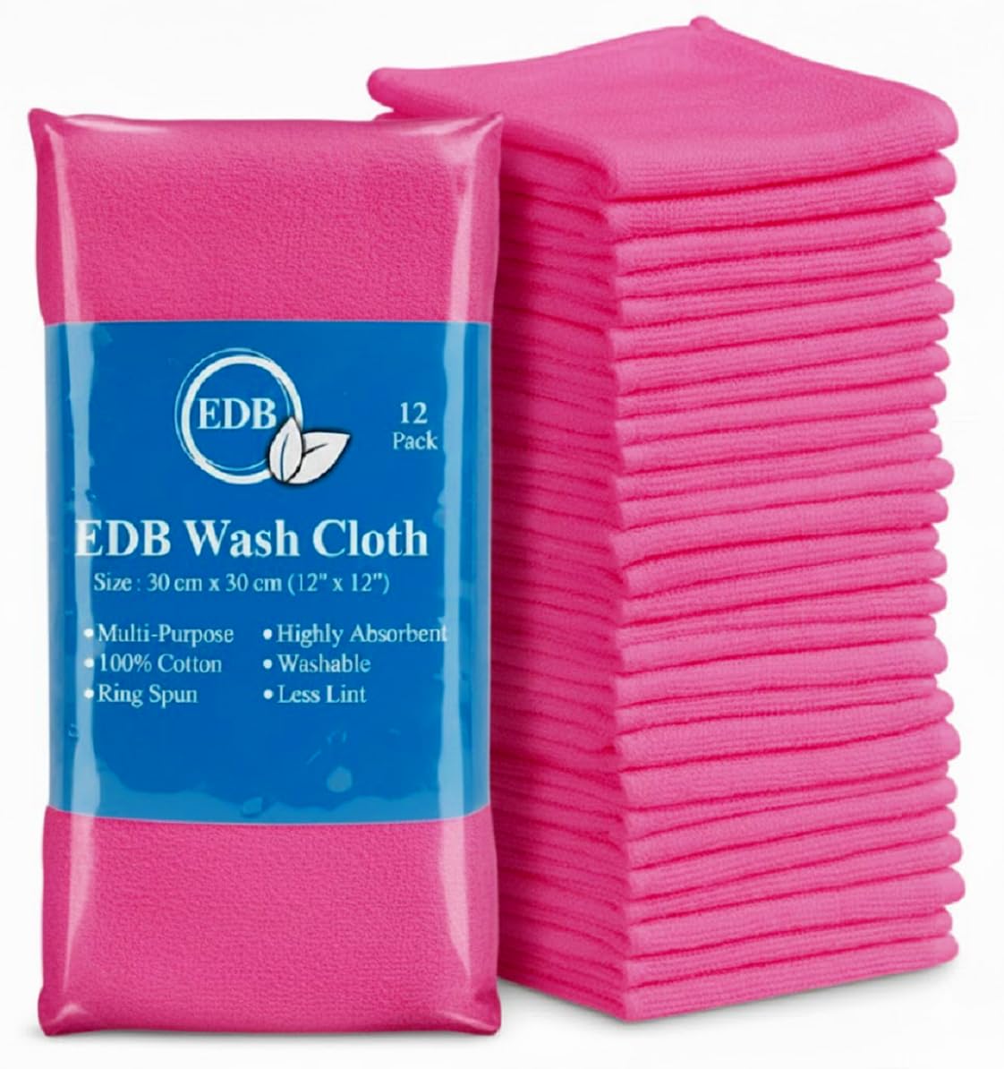 EDB 12 Piece Cotton Washcloths Set (500 GSM) Flannel Face Cloths (30cm x 30cm) Highly Absorbent Fingertip Towels 100 Percent Soft Cotton Hotel Quality (Hot Pink, 12)