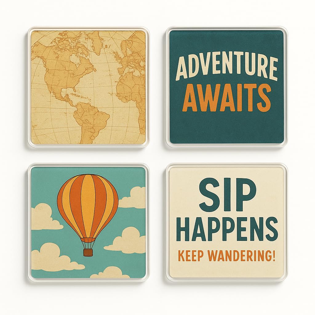 The Plum Penguin Wanderlust Vibes Acrylic Coaster Gift Set Of 4 With - Travel-Themed Adventure Decor For Home & Office Enthusiasts