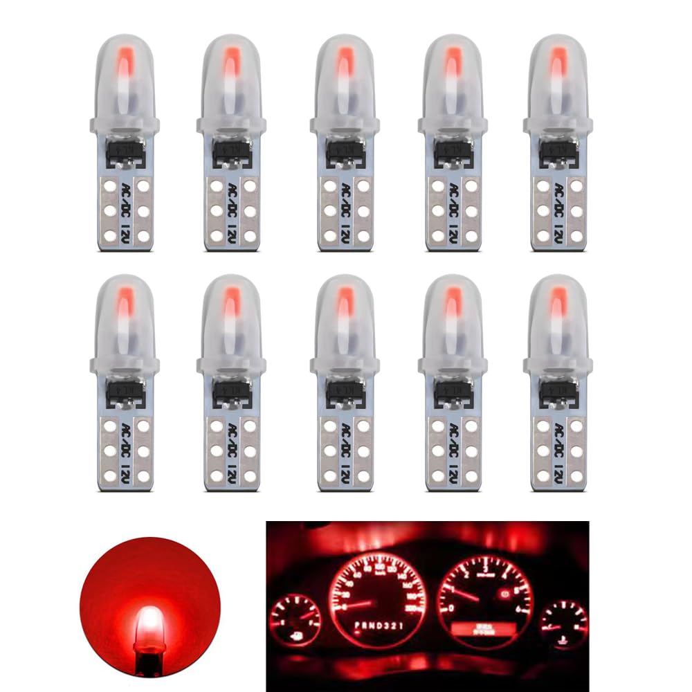 T5 LED Bulbs, 2721 27 37 286 PC74 LED Bulb, for Car Interior Light Dashboard Auto Instrument Lamp Replacement, 12V 0.6W 40LM 3014 Chips, Pack of 10(Red)