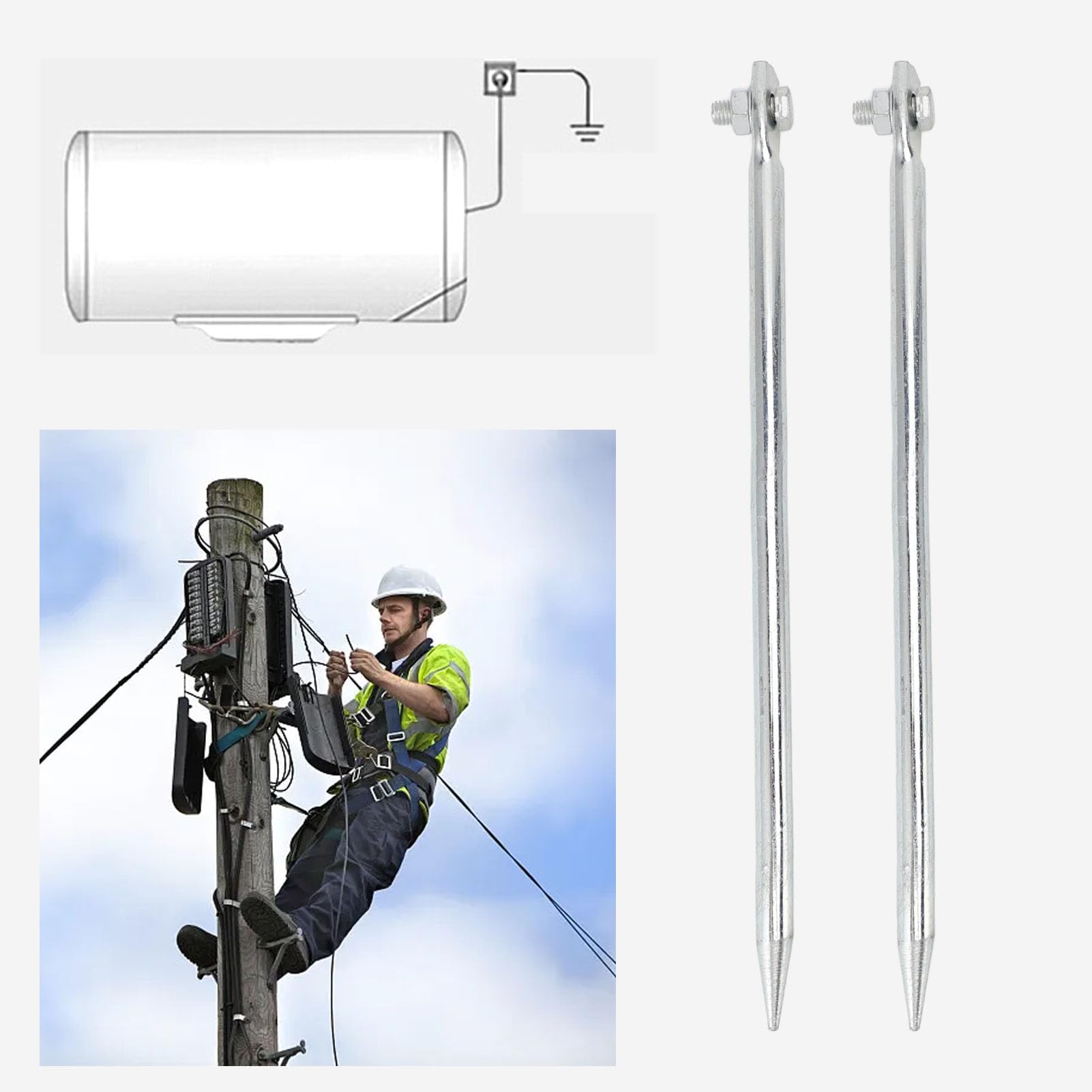 2 PC Varilla Molida Portátil Pin de Conexión a Tierra de Hierro Plateado de Cobre, 12x300 Mm, Cercas Eléctricas, Antenas con Estacas de Tierra, para la Ingeniería Al Aire Libre
