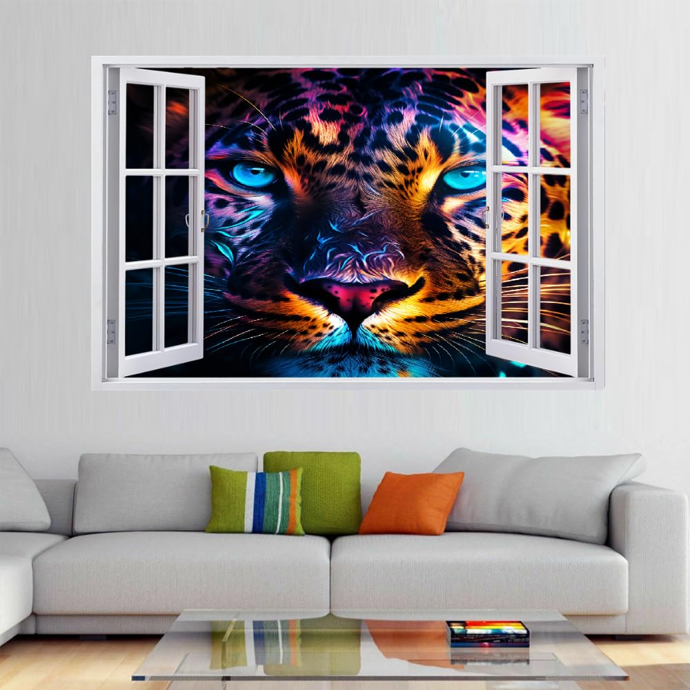 Decalcomanie da muro Art 3D Fracassato Animale Leopardo Adesivi murali removibili Arte Fantasy Colorata Carta da parati Camera da letto autoadesivo per ragazze Camera da letto Nursery Home Decor Gift