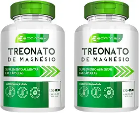 Kit 2Un Magnesio Treonato 100% Puro 500mg 240 Cápsulas Ecomev 4 Meses Tratamento