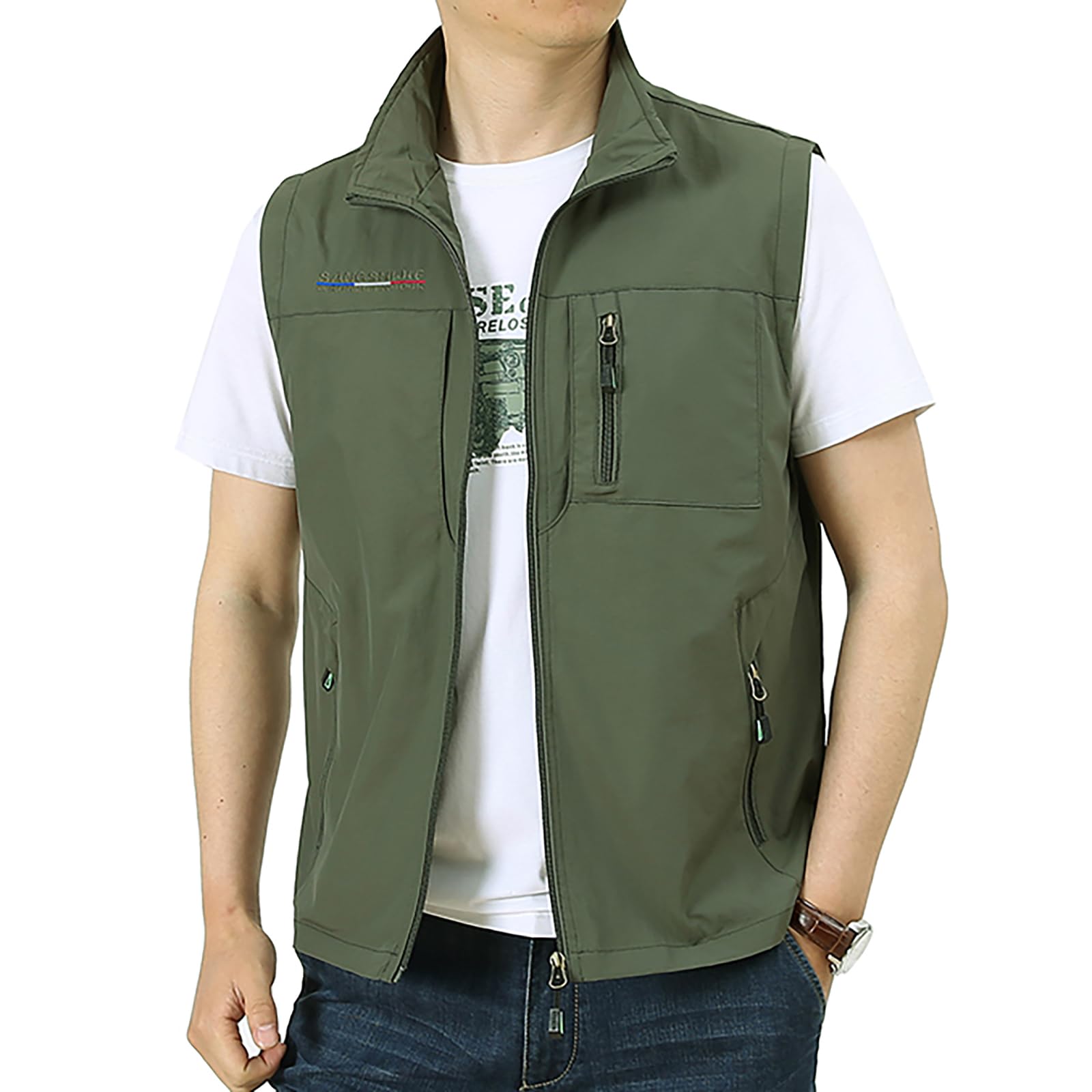 Manatsulife Men's Mesh Vest, Fishing Vest, Work Use, Multi-Pocket, Multi-Functional, Water Repellent, Breathable, Cameraman Vest, Fishing, Outdoor, Mountain Climbing, Stylish 1906 Medium green