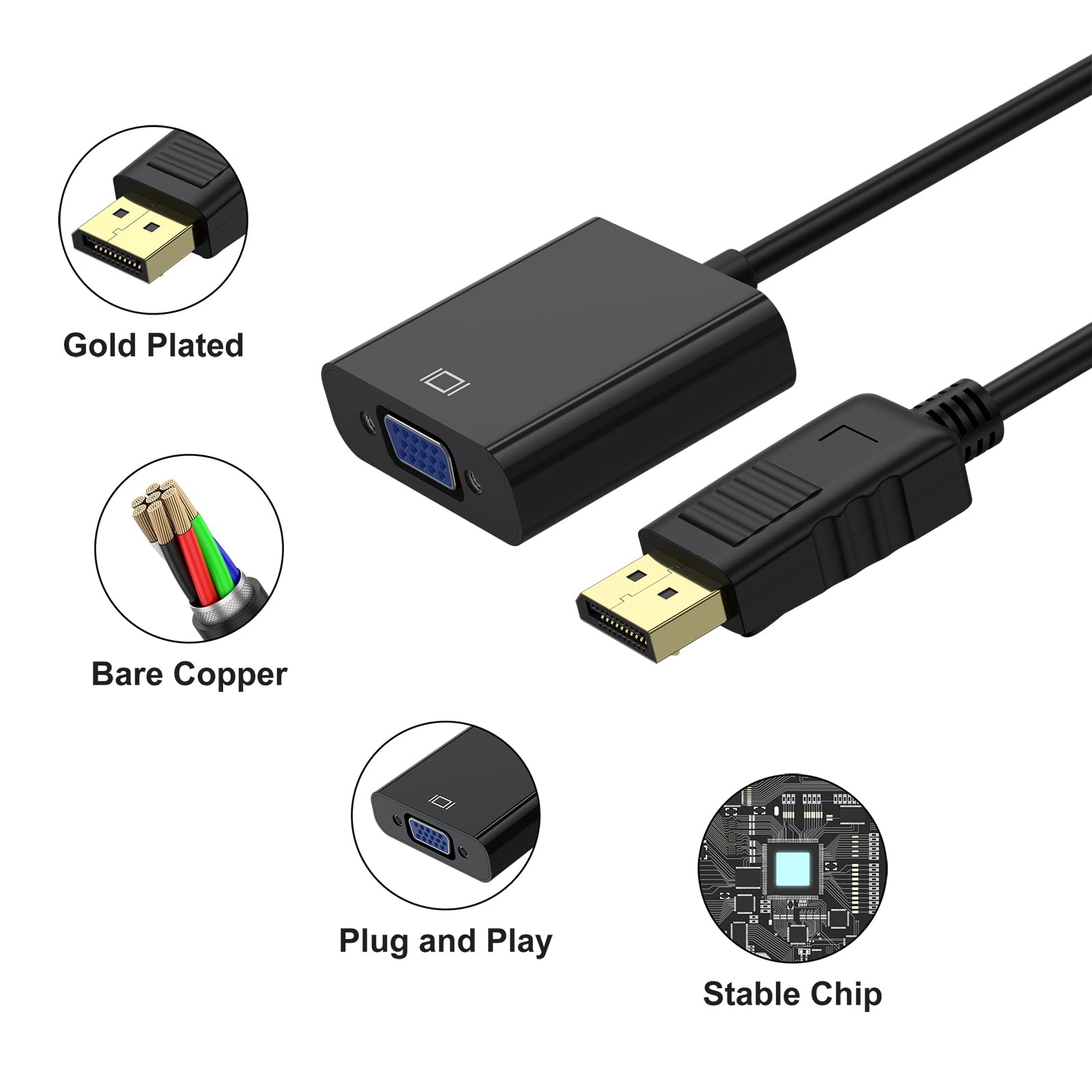 YLK Adaptateur DisplayPort vers VGA 1080P (Mâle vers Femelle) Compatible avec Lenovo, Dell, HP, ASUS, PC, Screen, Projector (Noir)