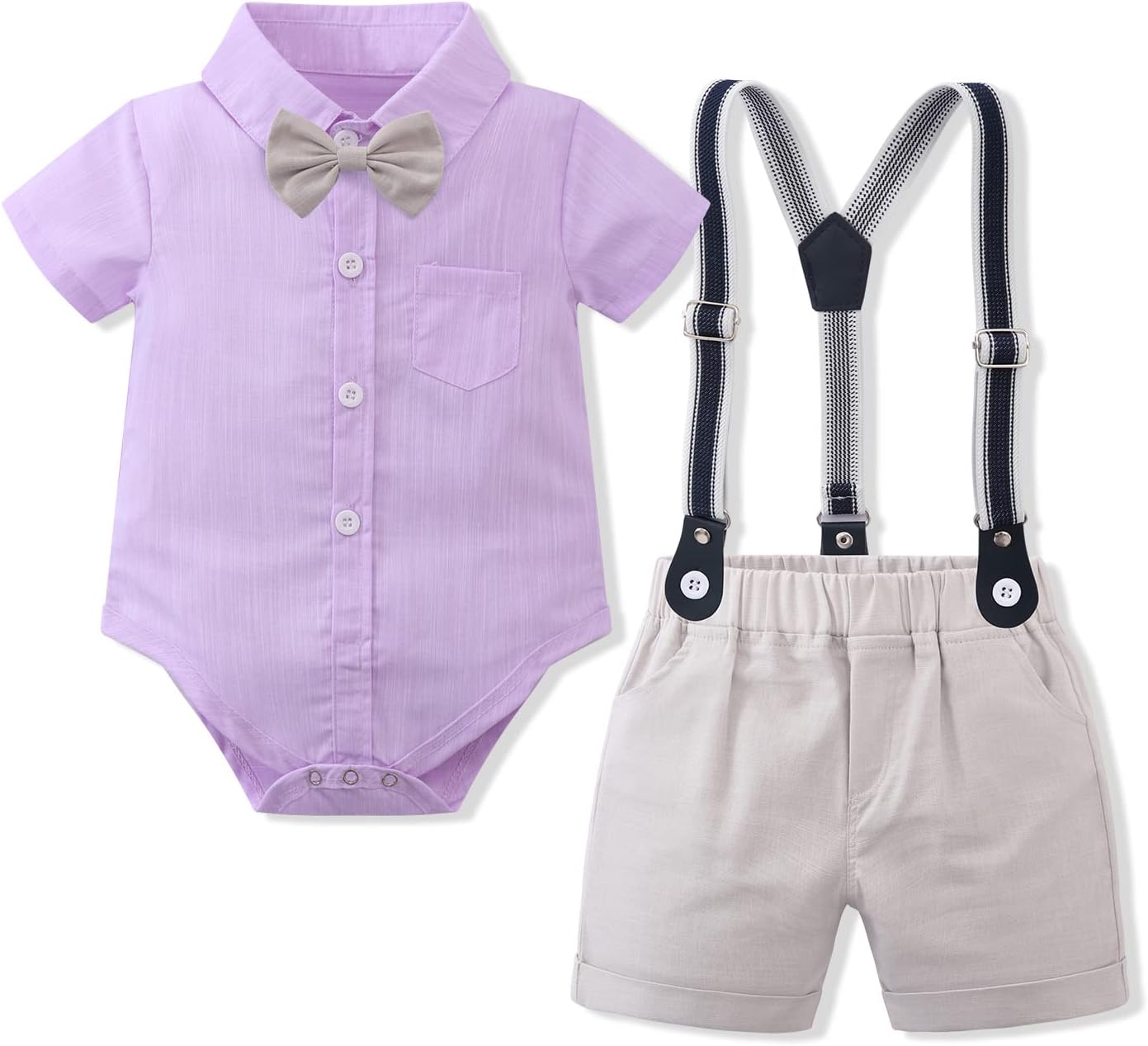 IDOPIP Baptism Outfits for Boys Baby Clothes Gentleman Formal Suit Bowtie Romper Suspender Shorts 4PCS Birthday Tuxedo Outfit