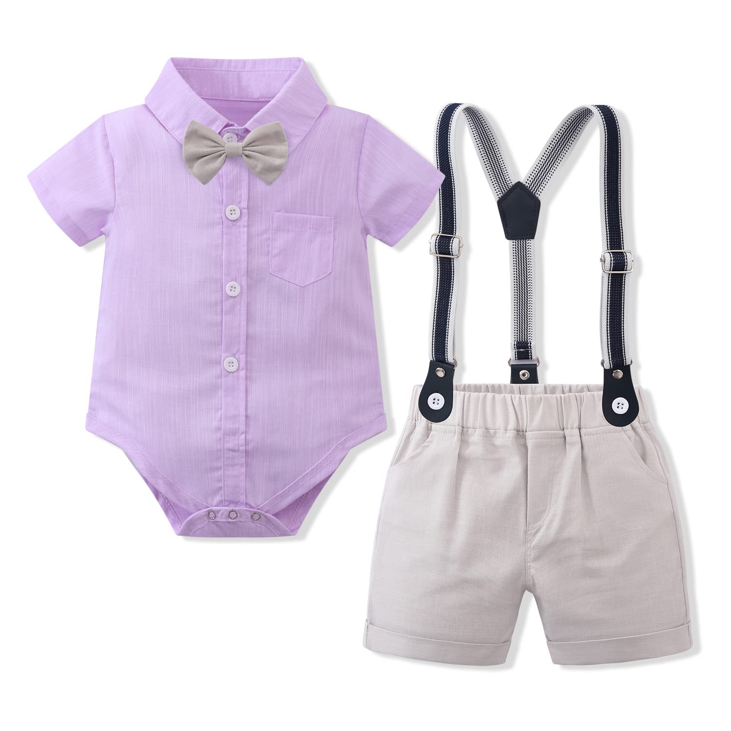 Baby Boy Suspender Clothes Set with Bow Tie Toddler Gentleman Suspenders Outfit Infant Formal Wedding Dress Suits Set Newborn Infant Summer Short Sleeve Outfits Formal Suits Purple+Beige 12-18 Months