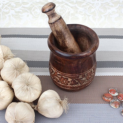 Gocraft Wooden Carved Mortar And Pestle | Grinder For Herbs, Spices And Kitchen Usage, Natural Mango Wood Engraved | Handmade Mortar And Pestle - 3.5 In #TOP2