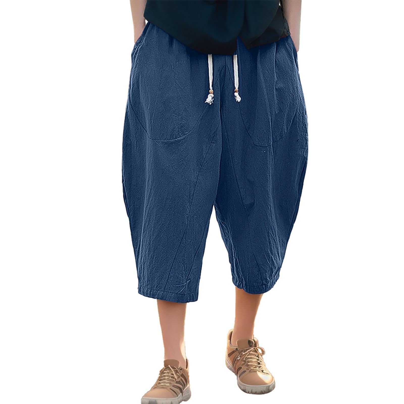 Hippie Pants Japanese Harem Men Streetwise/Hip Hop Style Wide-Leg Trousers Anime for Shorts Oversized Beach Yoga Hakama Long Plus Size with Pockets Navy