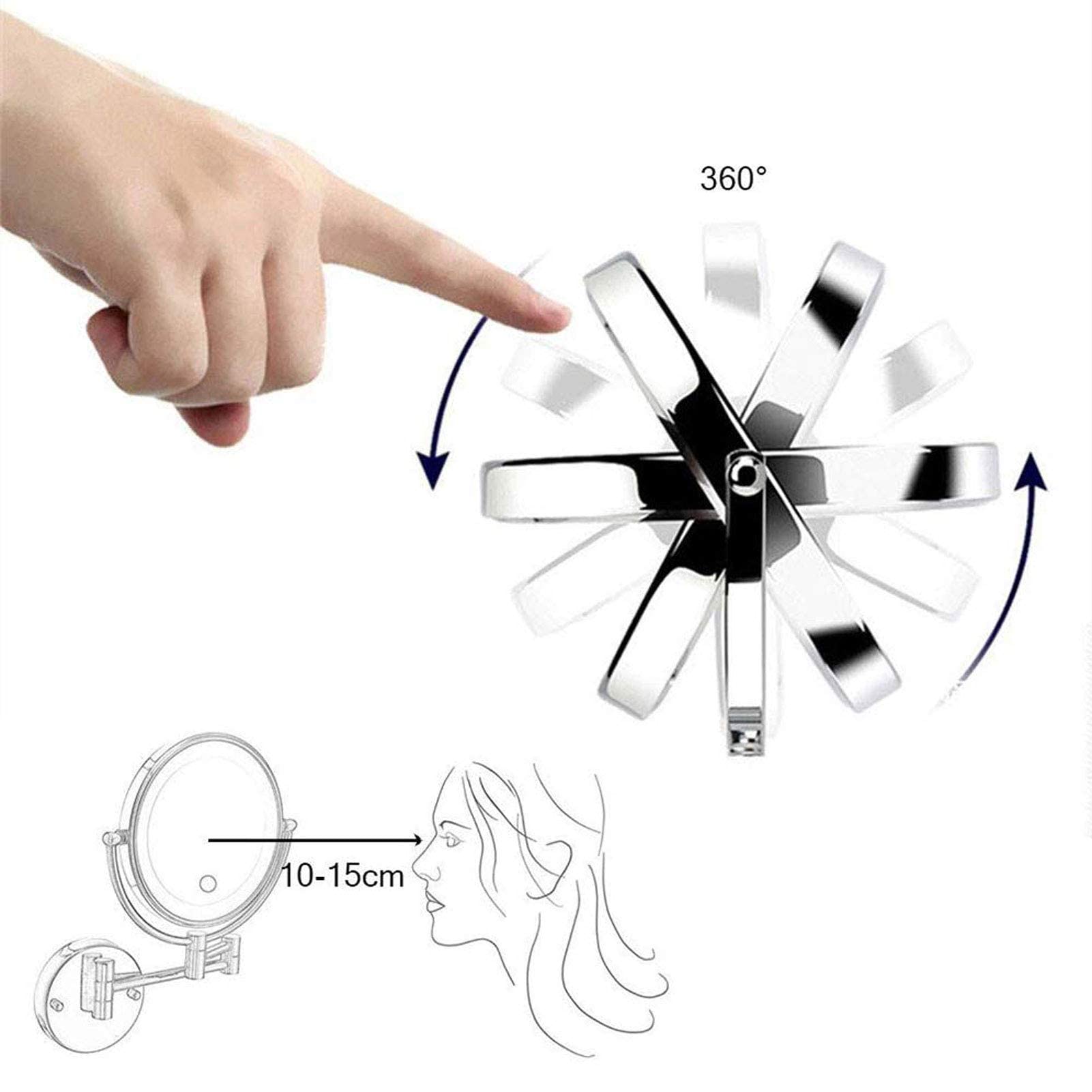 Specchio for trucco da parete con luci e ingrandimento 5X, specchio for trucco da parete girevole a doppia faccia da 8 pollici Specchietti da trucco estensibili neri Due lati 360 Girevoli Viso cosmeti