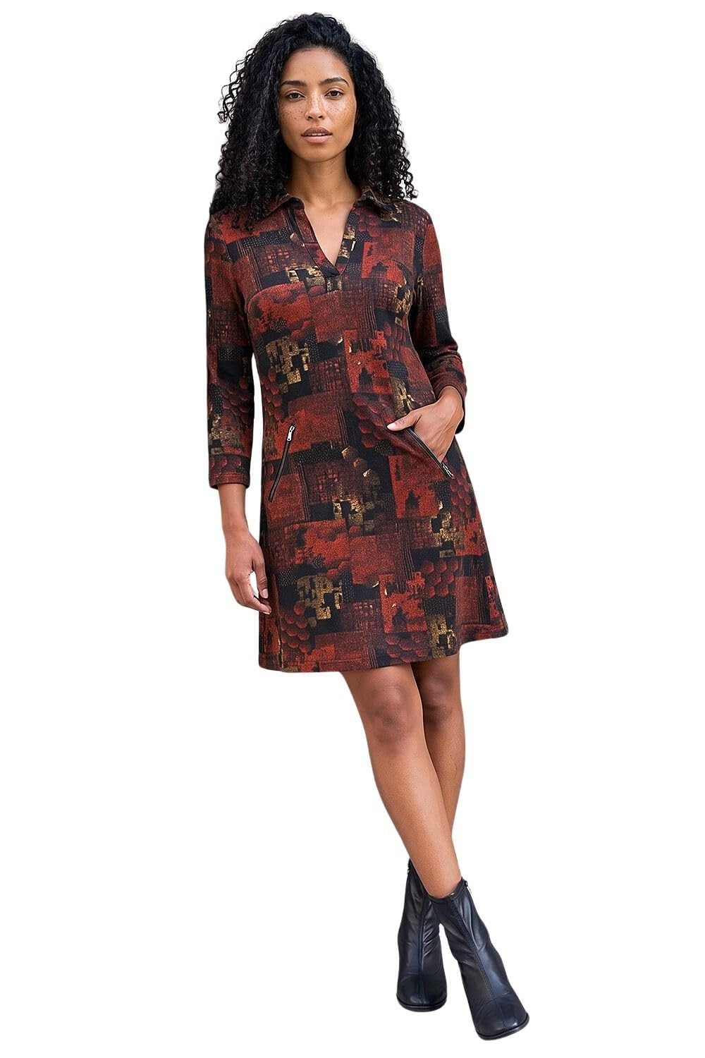 Roman Originals Patchwork Print Shift Dress for Women UK - Ladies Everyday Autumn Winter Collar V-Neckline Comfy Soft Evening Vacation Work Party Night Out - Orange - Size 16