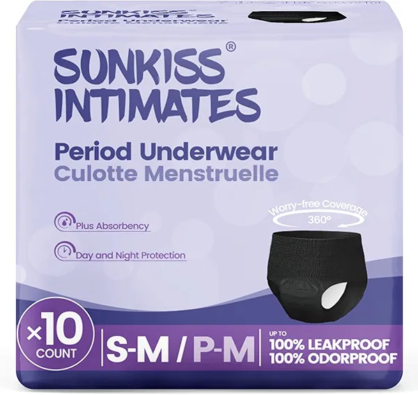 SUNKISS INTIMATES Disposable Period Underwear for Women with Heavy Flow, Low-Rise Unscented Postpartum Essentials, Black, Small/Medium, 10 Count