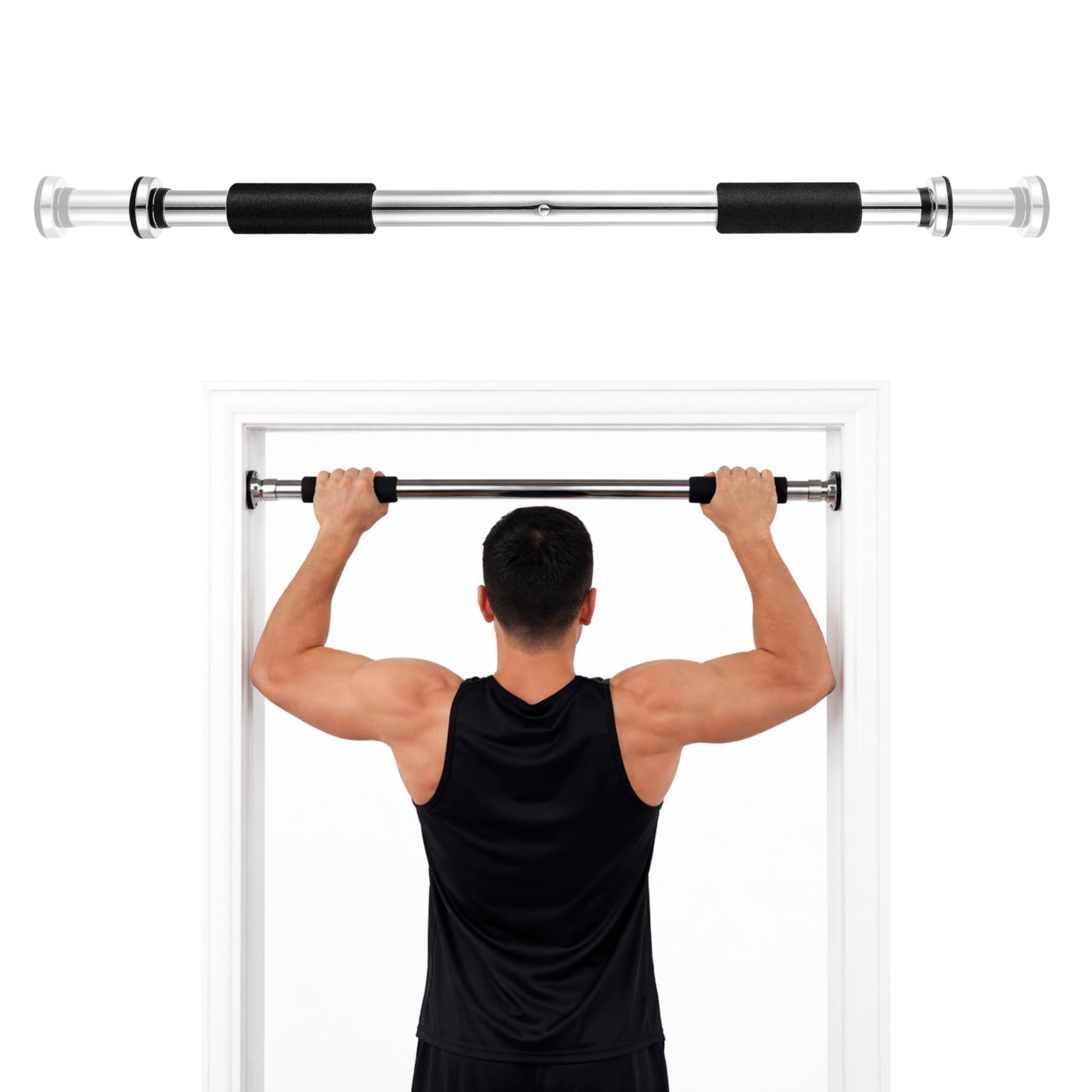 Adjustable Pull Up Bar for Doorway 62–100cm, Heavy Duty Door Frame Exercise Bar, Non-Slip Foam Grip, Max Load 100kg, Home Gym Strength Training Bar with Attachments, Gym Workout Equipment