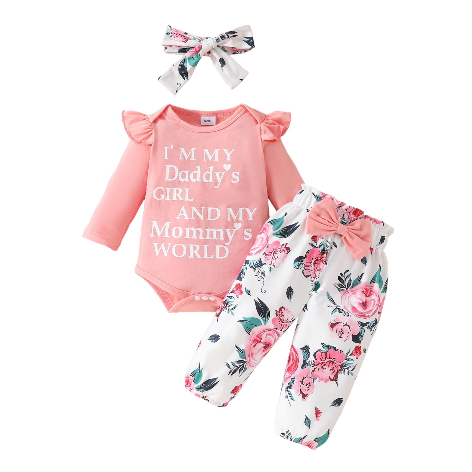 Newborn Baby Girl Fall Outfits Daddy's Girl Mommy's World Long Sleeve Romper Floral Pants Headband Set 3Pcs Clothes (Pink, 6-9 Months)