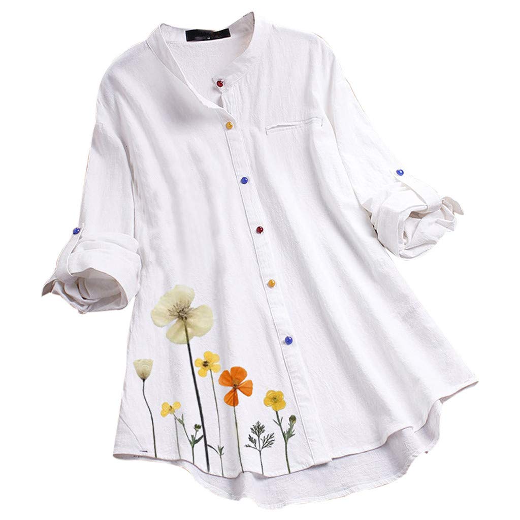 Desconocido 2023 Nuevo - Camisa Blusa de flores con estampado de manga superior para mujer, casual, vintage, colorido, con botones largos para mujer, blusa L, niña, blanco, XXXXXL