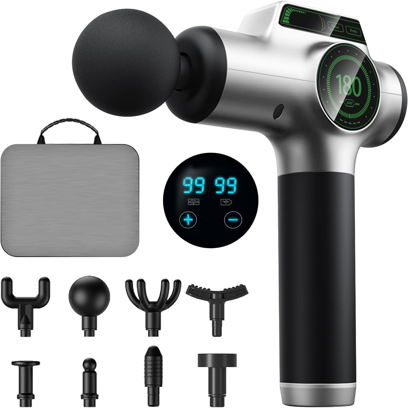 Necomi powerful deep tissue massage gun, 8 connection heads, 99 speeds, professional-grade portable fascia gun, used for muscle recovery and pain relief, suitable for back and neck full body massage.