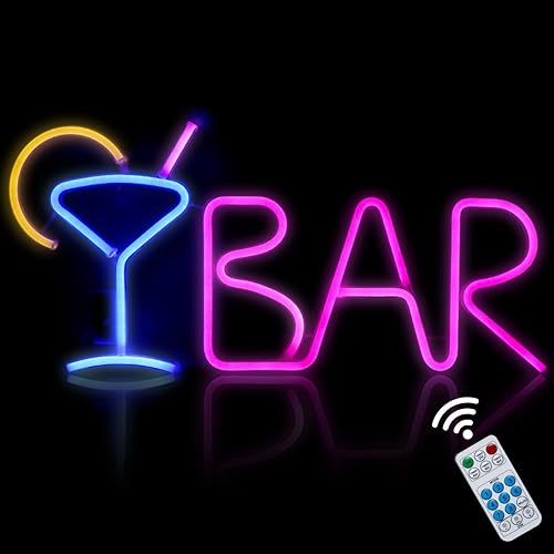 iKefe Letreros LED de neón con letras de barra iluminadas con control remoto/cristal azul de cóctel LED rosa, luz de barra con USB y batería para
