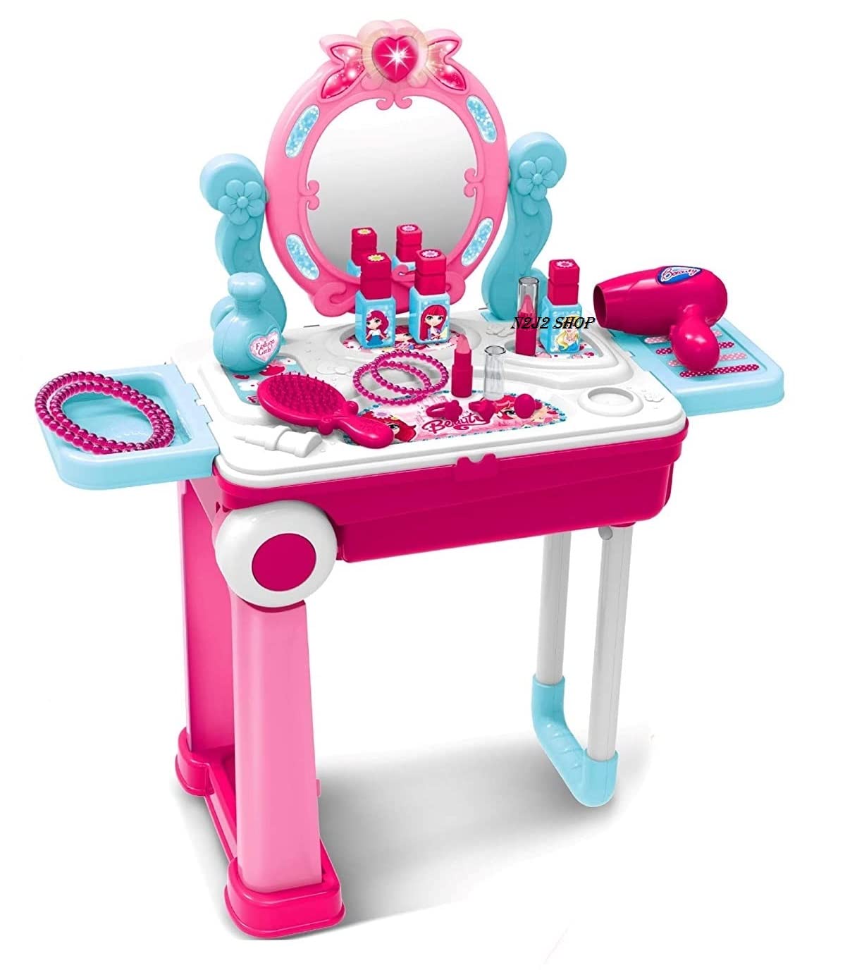 N2J2 SHOP 2 in 1 Beauty Play Set for Kids Girls Pretend Role Play Toy Back Pack Hair Dresser Play Set with Make up Cosmetic Accessories (Multicolor) (2 in 1 Beauty Trolley) (B091T9F2NB) Amazon Price History, Amazon Price Tracker