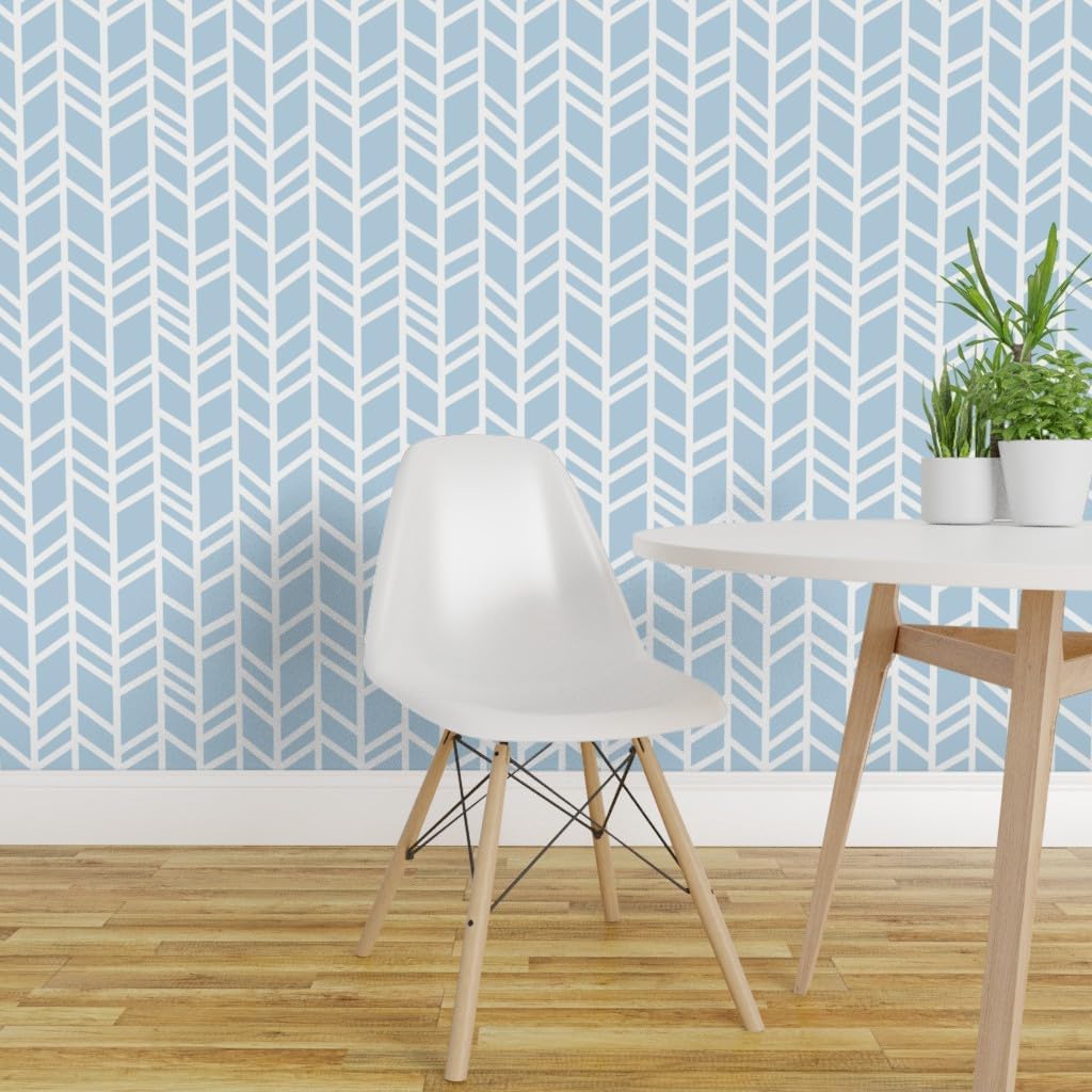 Removable Wallpaper Swatch - Baby Boy Blue Sky Herringbone Feathers White Custom Pre-Pasted Wallpaper by Spoonflower