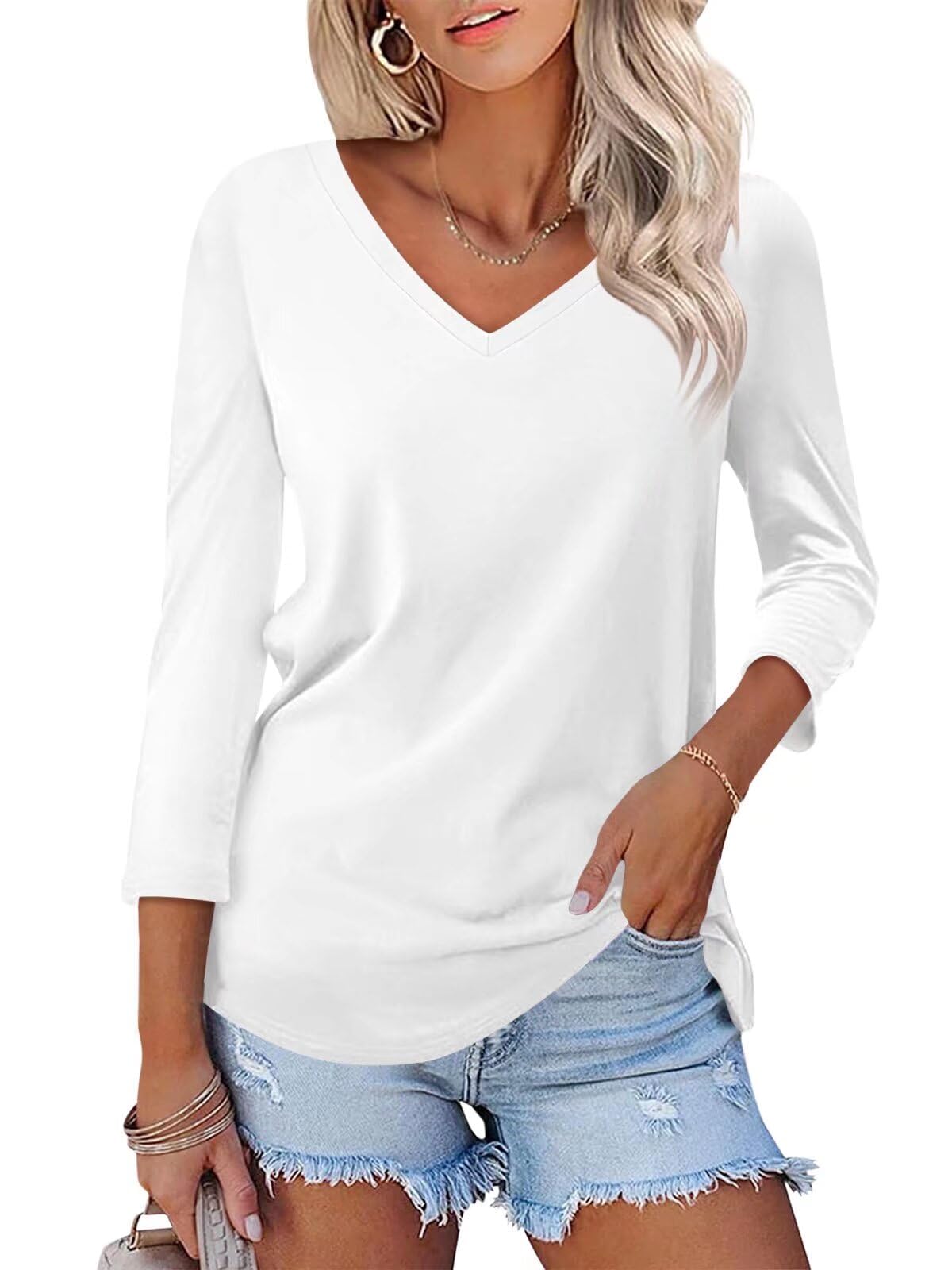 Minetom Women's V Neck 3/4 Sleeve T Shirt Solid/Color Block Casual Basic Tops Summer Tees