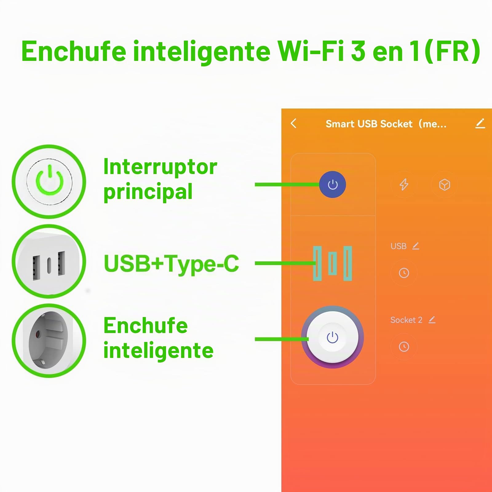 ANTELA Enchufe Inteligente WLAN(FR) 16A con 2 USB y 1 Type-C,con Alexa/Google Home,Medición del Consumo de Energía,Control de Aplicaciones, Control por Voz | Medición del consumo de energía, Compatible con Alexa/Google Home, Control de aplicaciones, Contr