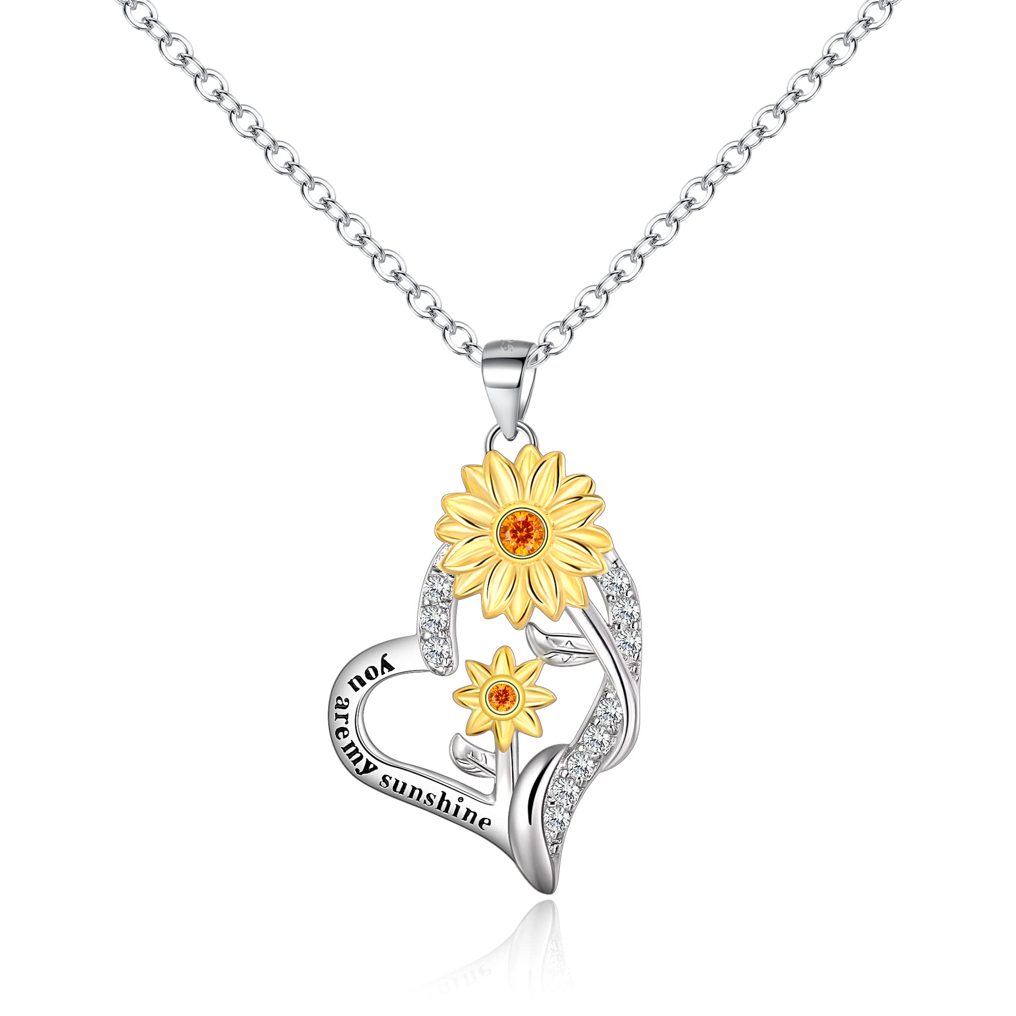 BriLove Sunflower Necklace Gifts for Mom Women 925 Sterling Silver Cubic Zirconia Double Heart Jewelry,You are My Sunshine Pendant Necklaces for Daily