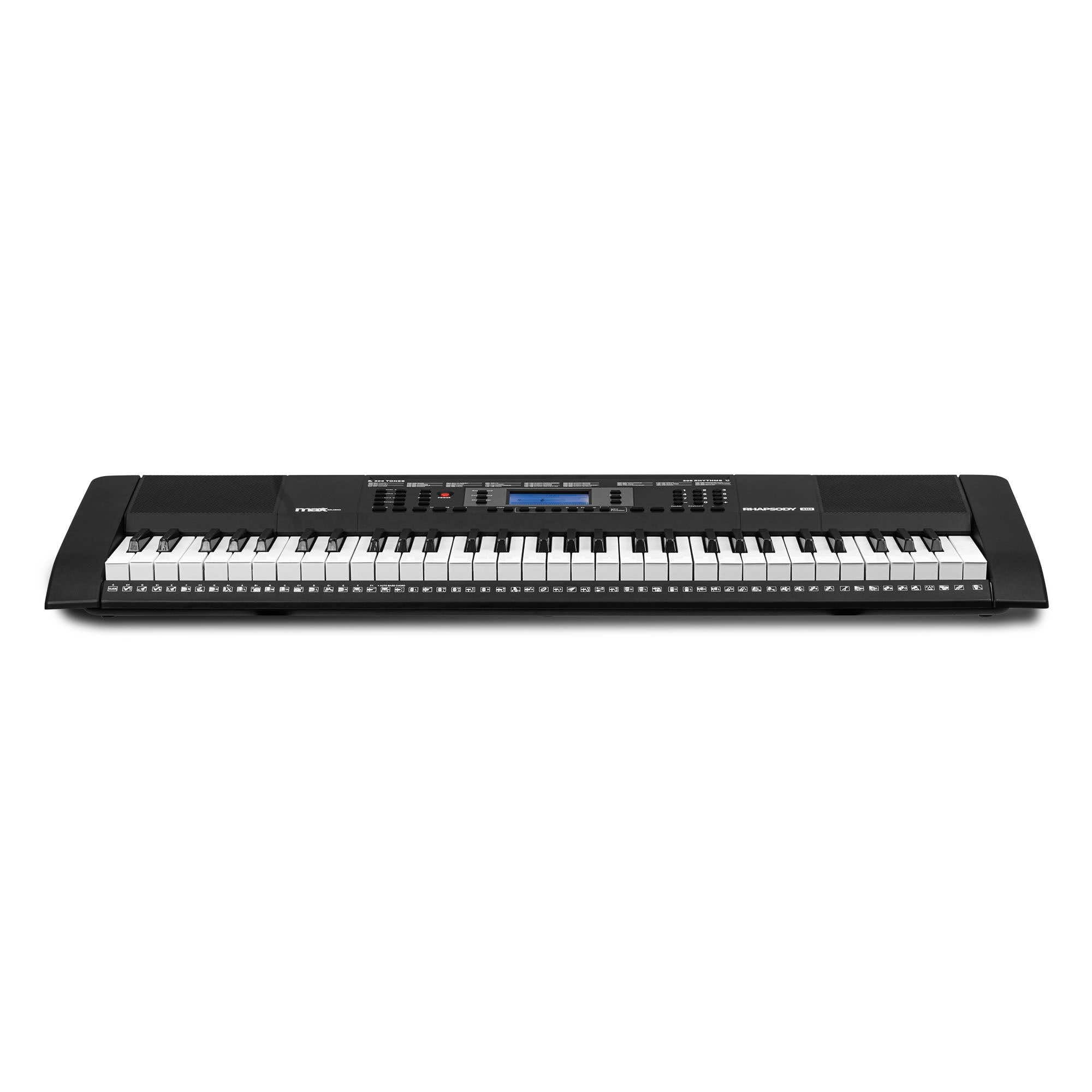 MAX Rhapsody61M Teclado Piano eléctrico de 61 teclas, con auriculares, soporte para teclado y banqueta, 600 sonidos, respuesta táctil, MP3 USB, pantalla, función de aprendizaje, MIDI y AUX