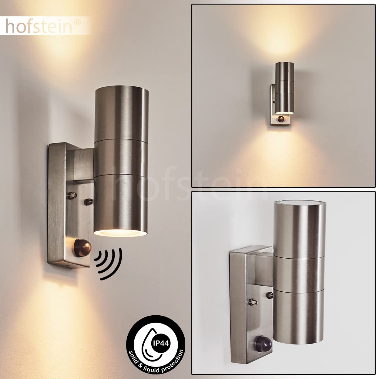 Applique murale d'extérieur Bessiebelle, lampe d'extérieur en métal/verre couleur inox/blanc, détecteur de mouvement, effet lumineux, pour terrasse/entrée, luminaire up&down, GU10, IP44, sans ampoules