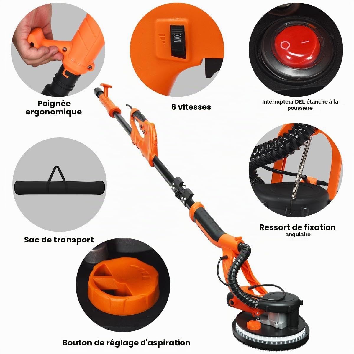 SOARS Ponceuse Girafe 750W Ø250MM, 6 Vitesses Réglables 800-1750 Tr/Min