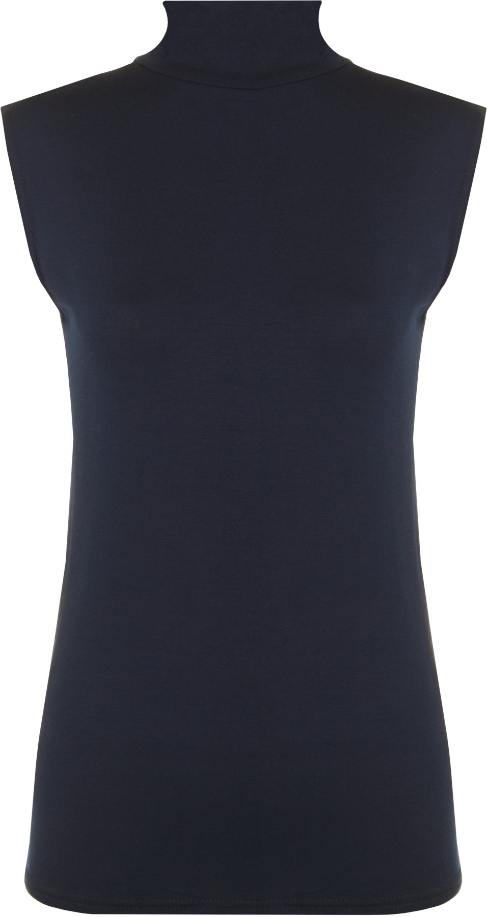 Wearall Women's Navy Polo Neck Plain Stretch Sleevless Vest Turtle Bodycon Top - 12/14