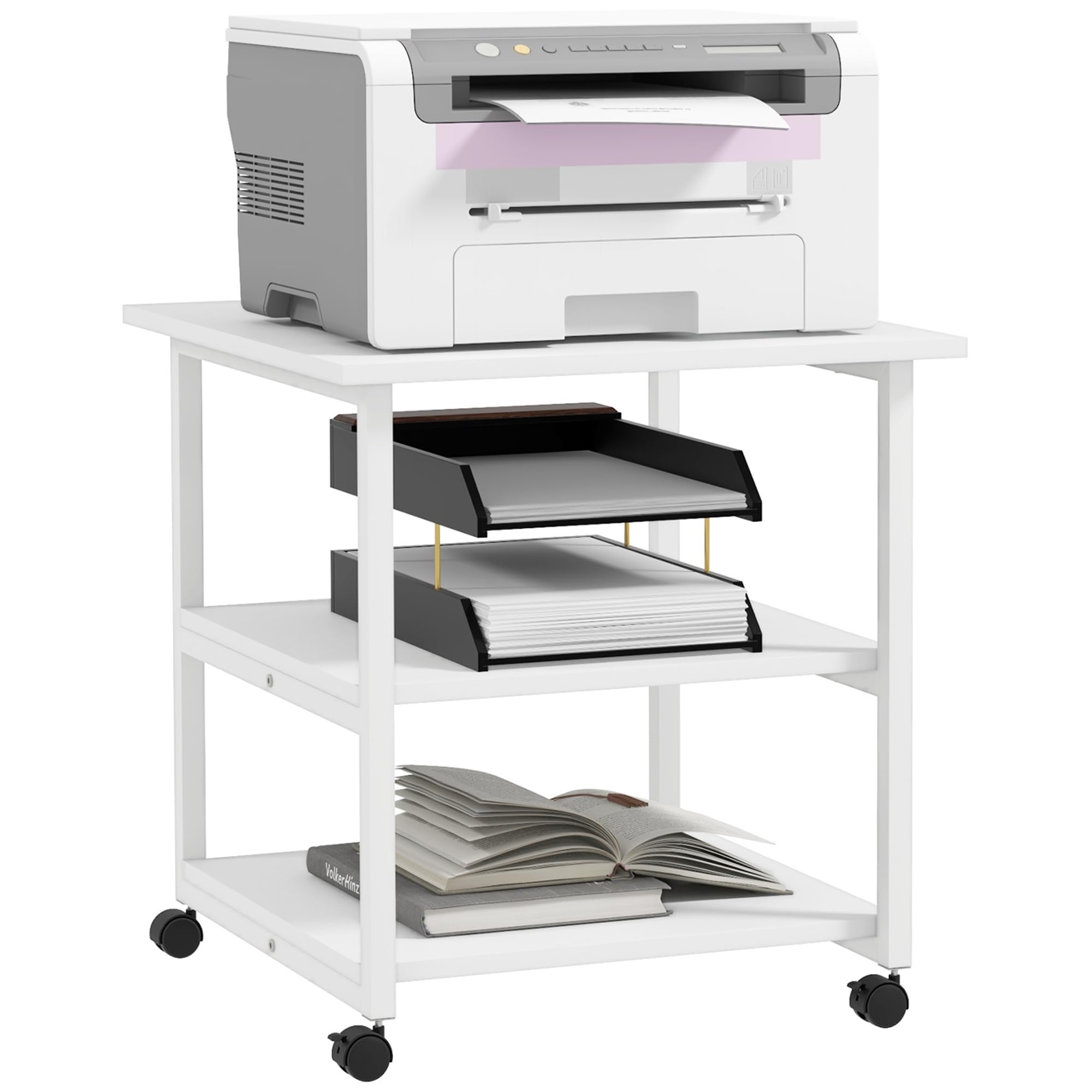 HOMCOM Stolik do drukarki z rolką, stojak na drukarkę z 3 poziomami, uchwyt na drukarkę, wózek do drukarki o obciążeniu do 18 kg, do biura, gabinetu, stali, 50 x 50 x 52,5 cm