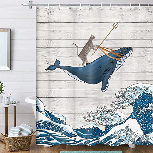 Lustiger Katzen-Wal-Duschvorhang, coole Katzenreitwal mit japanischen Kanagawa-Wellen auf rustikalem Holz-Duschvorhang, niedliche Kinder-Dekoration, Polyester-Stoff, Badezimmer-Dekoration, 188x199 cm Cover