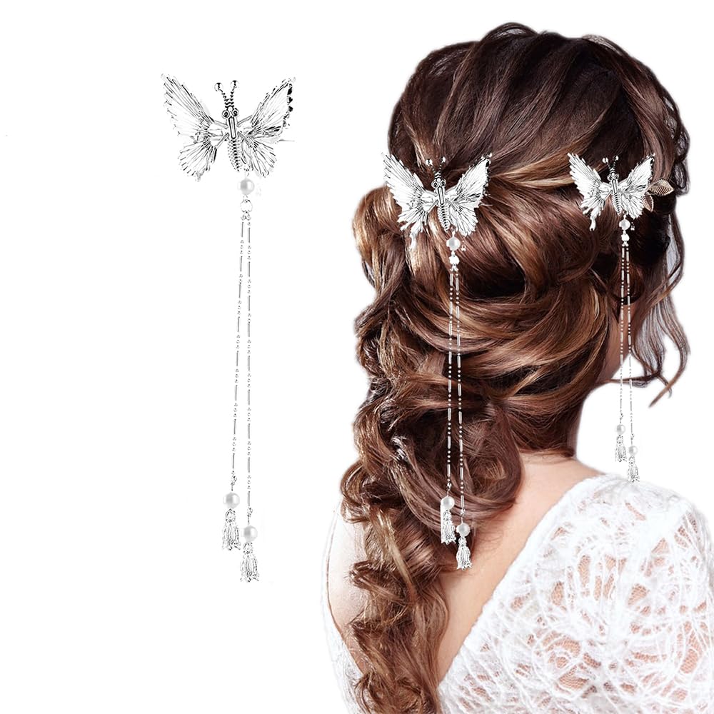 Moving Tassel Butterfly Hair Clips, 3D Flashing and Moving Butterfly Hair Clips, Elegant Tassel Butterfly Clips, Gold and Silver Butterfly Clips for Hair, Suitable for Brides, Weddings (1PC Silver)