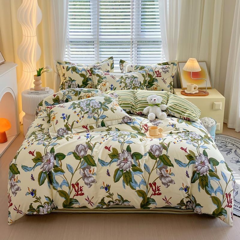 USTIDE Shabby Floral Farmhouse Cotton Duvet Cover Set King - 3pc Reversible Green Beige Striped Bedding (2 Pillowcases, No Comforter) - Image 2
