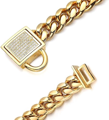 Miniatura 2 de Collar de cadena de oro para perro, 0.394 pulgadas de ancho, eslabones cubanos para cachorros, acero inoxidable 316L con bloqueo de diamante de