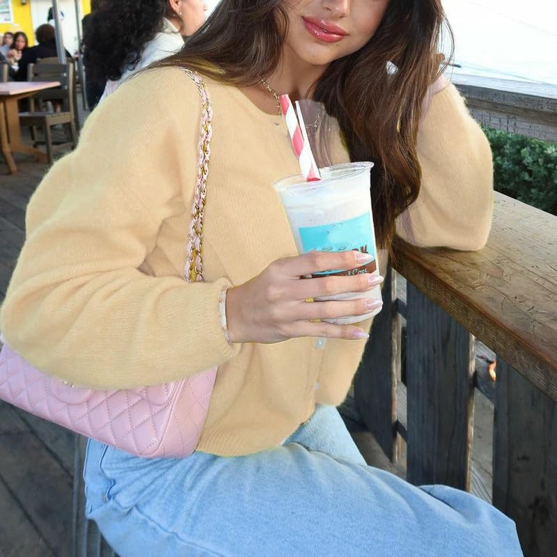 Image of Women Button Down Cardigan Long Sleeve Crewneck Sweater Vintage Lightweight Knit Jacket Fall Going Out Top