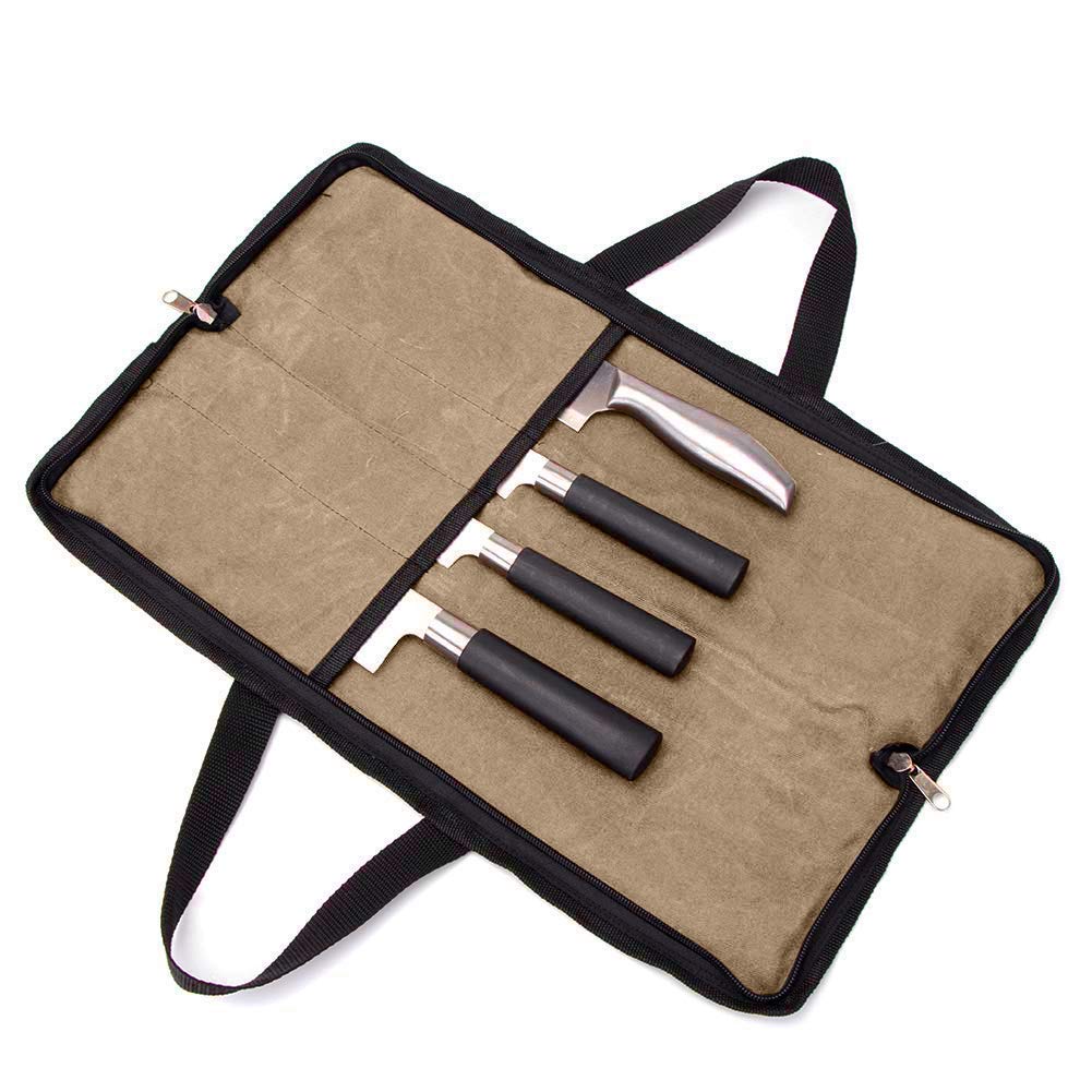QEES Chefs Knife Bag Black with 2 Hand Grip, 4 Slots Heavy Duty Double-zipper Knife Case, Kitchen Tool Tote Bag GJB440 (Khaki)