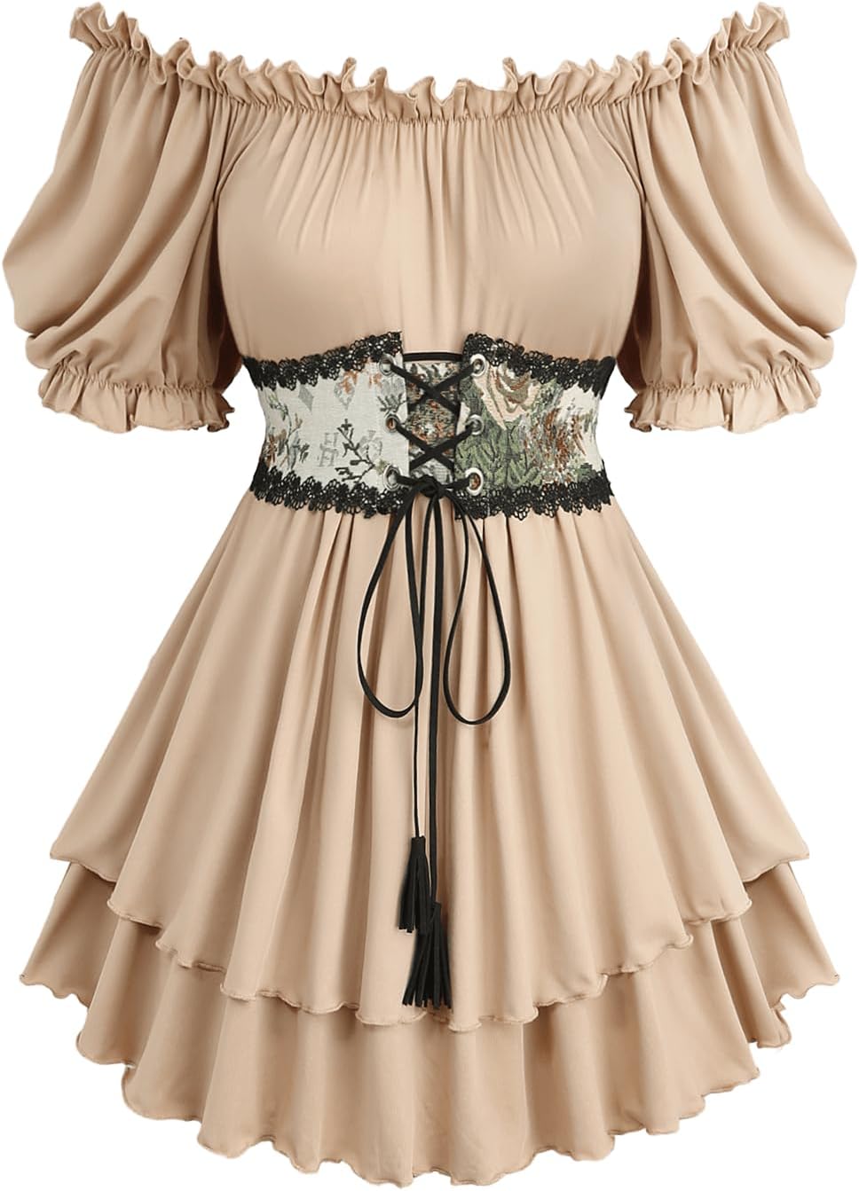 ROSE GAL Plus Size Women Medieval Renaissance Off Shoulder Blouse Lace-up Jacquard Corset Swing Puff Sleeve Top