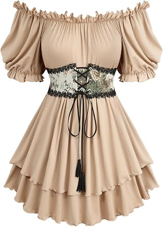 ROSE GAL Plus Size Women Medieval Renaissance Off Shoulder Blouse Lace-up Jacquard Corset Swing Puff Sleeve Top