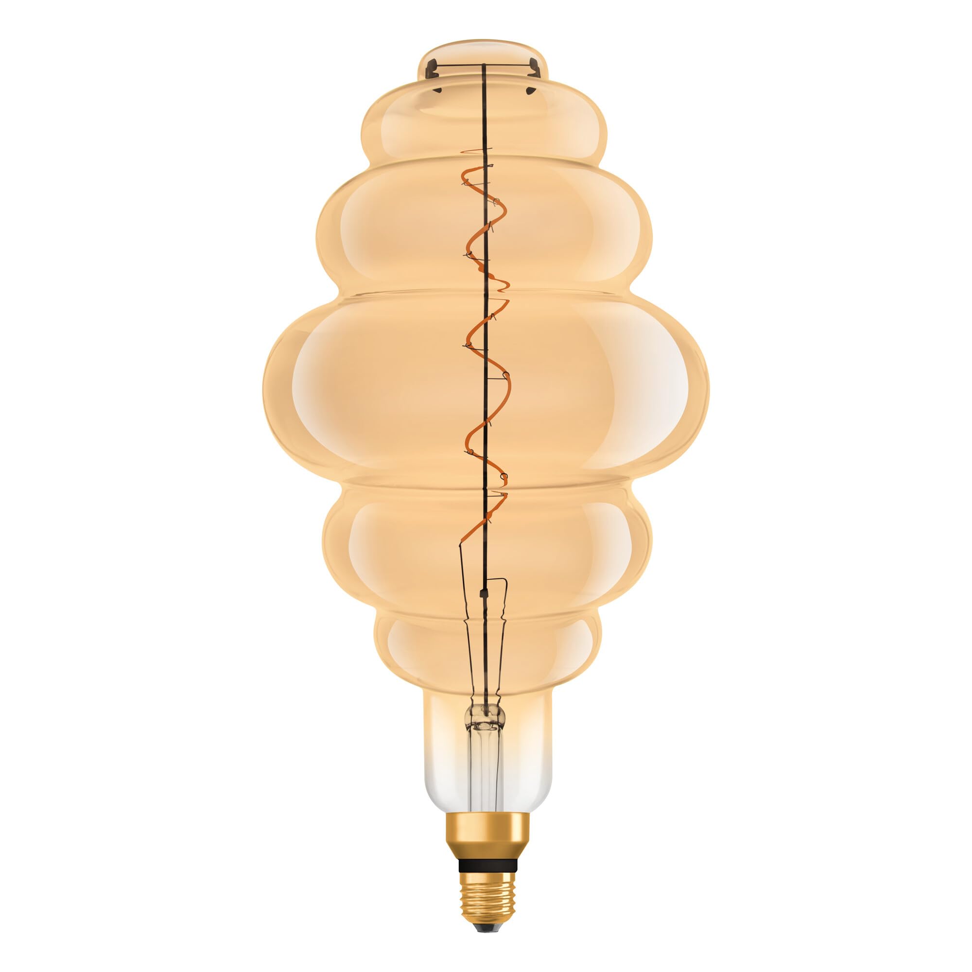 OSRAM Vintage 1906 gold tinted LED lamp, 4.8W, 360lm, beehive shape with 200mm diameter & E27 base, warm white light, dimmable filament, life of up to 15,000 hours