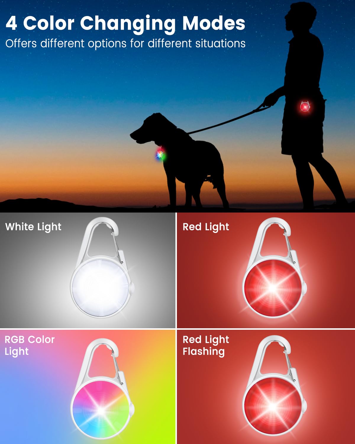 Luci per cani per passeggiate notturne, confezione da 2 pezzi, 4 modalità, luce ricaricabile per passeggiate notturne, luce di sicurezza impermeabile IP68 per corsa, ciclismo, campeggio (bianco)