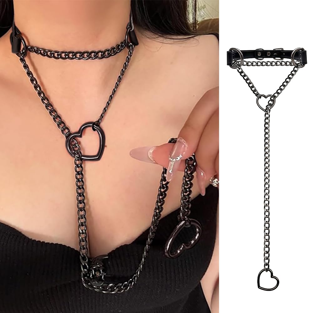Collar con O-Ring Gargantilla en PU para Bondage Choker Slave con Cadena y Corazón Collar Ajustable para Fetichismo y SM Accesorio para Adultos