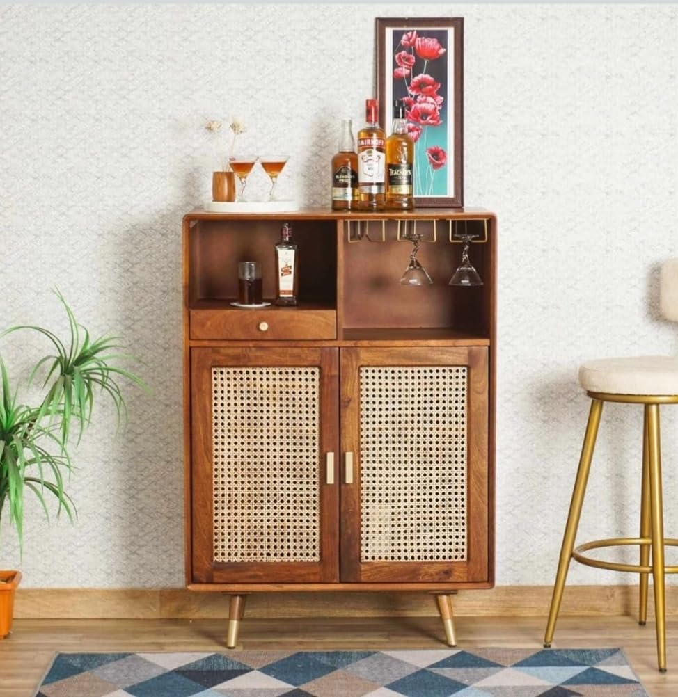 Mid Century Modern Cane Bar Cabinet with Storage, Wooden Rattan Sideboard Cabinet for Living Room & Dining Room, Scandinavian Liquor Coffee Console Cabinet with Drawer & Shelves-image-47