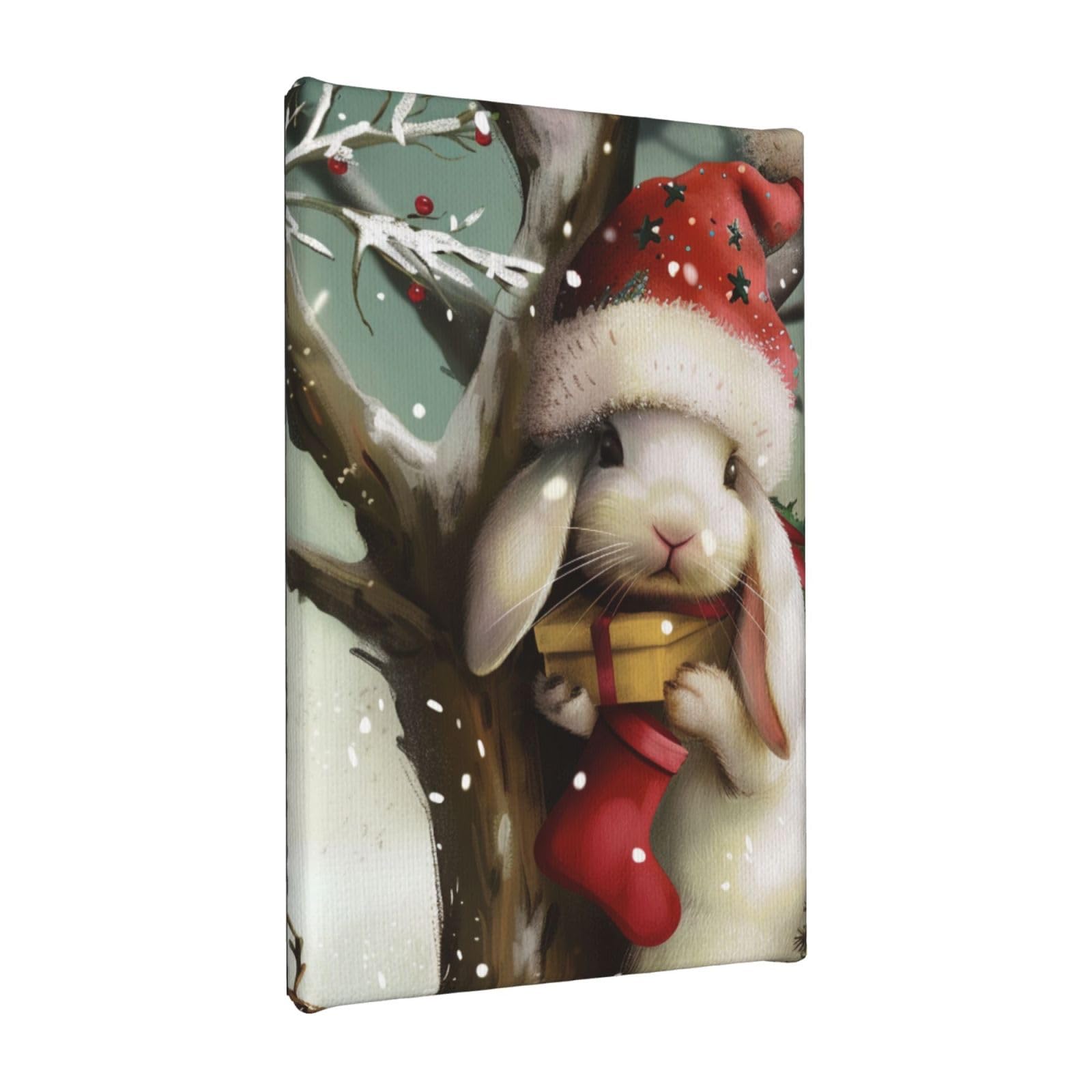 YKLJG Christmas Rabbit Bunny Printed Wall Art Canvas Painting 20x30 CM Wooden Framed Picture Painting Artwork Prints for Bedroom Kitchen Home Office Decor