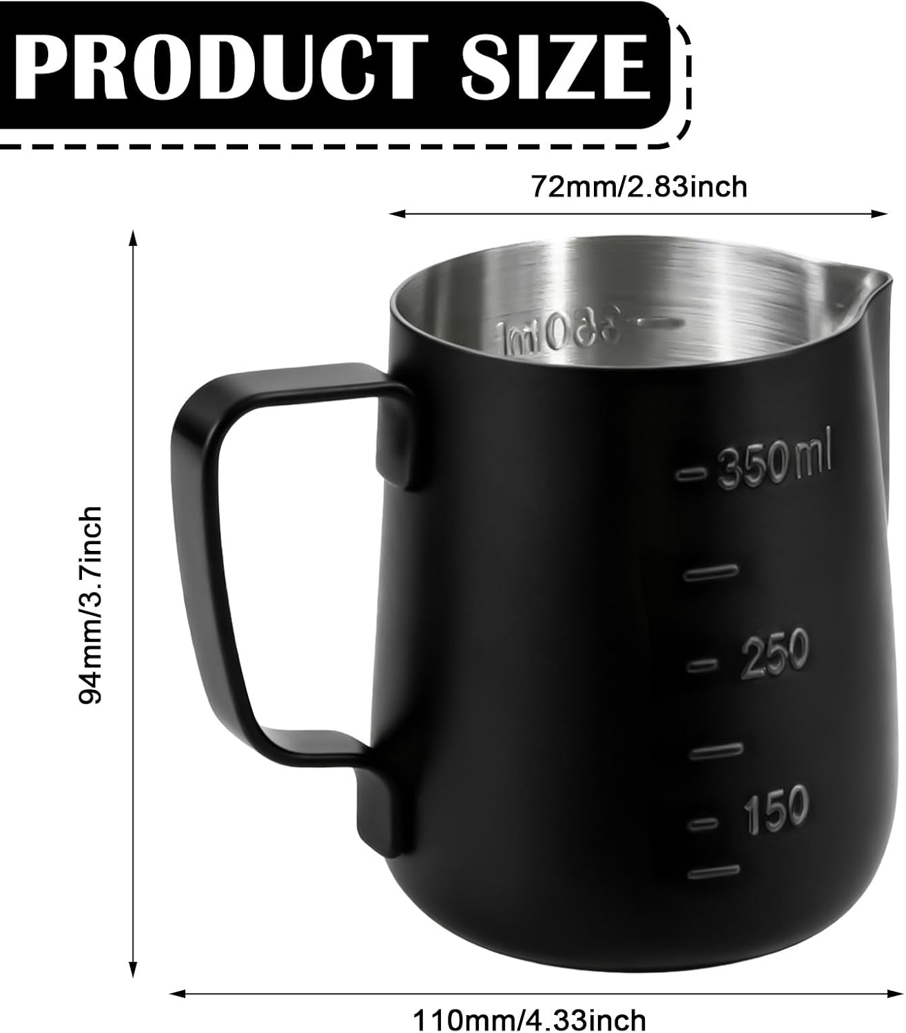 Set of 2 Stainless Steel Milk Jugs, 350 ml Milk Pitcher, Milk Foam Jug with Measurement Markings, Coffee Creamer Frother Jug for Latte, Cappuccino, Espresso, Macchiato, Barista, Black image 2