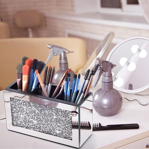 Miniatura 3 de Organizador de brochas de maquillaje plateado con diamante triturado de cristal, estuche de almacenamiento de brochas de cosméticos con 3 ranuras,