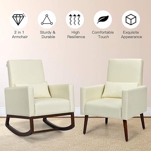 Miniatura 4 de Giantex Mecedora de tela con respaldo alto y almohada para la cintura, de madera, cónica y mecedora de dos patas, silla tapizada multifuncional para