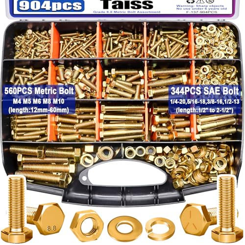 Image of Taiss 904pcs Grade 8.8 Metric Bolt Assortment & SAE Nuts and Bolts Assortment Kit,M4 M5 M6 M8 M10 1 /4-20,5 /16-18,3 /8-16 1 /2-13(12-60mm) Heavy Duty Hex Bolt Washer Yellow Zinc Plated,with Handheld Box